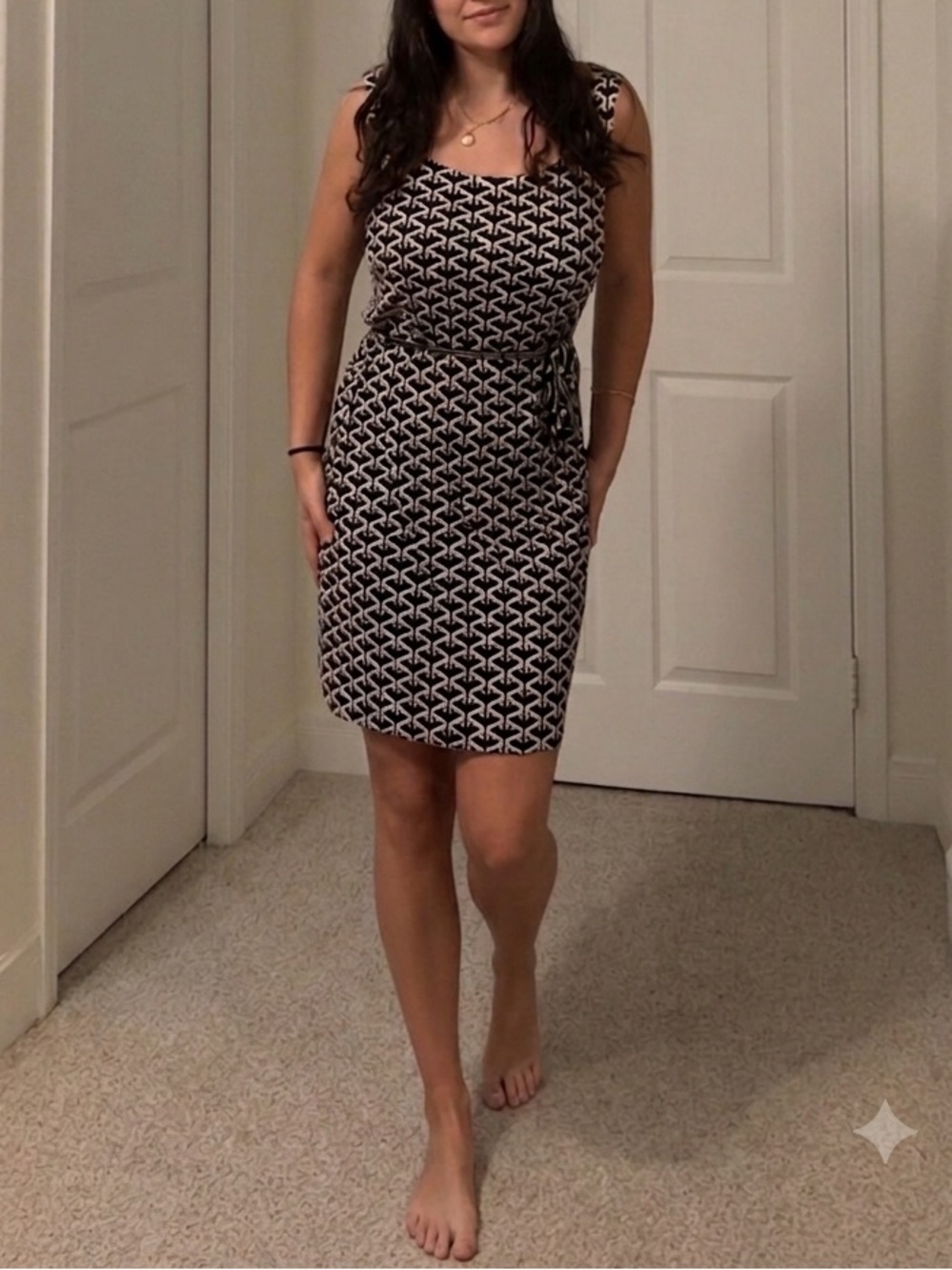 Sleeveless Black and White Patterned Tie-Waist Dress